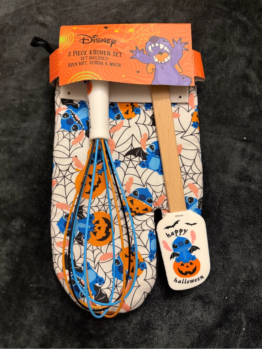 NEW DISNEY STITCH HALLOWEEN KITCHEN SET 3 PIECE OVEN MITT SPATULA WISK LILO